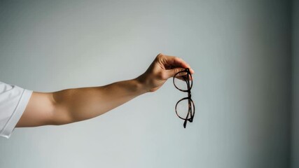 Unrecognizable adult person's arm holding stylish tortoiseshell eyeglasses. Vision care and ophthalmology concept for an optician or eyewear store advertising banner