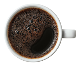 Top view of a freshly brewed hot coffee with foamy crema in a white mug