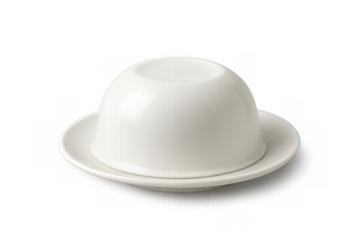 White ceramic bowl overturned on a saucer, clean empty modern kitchenware for dining, transparent background