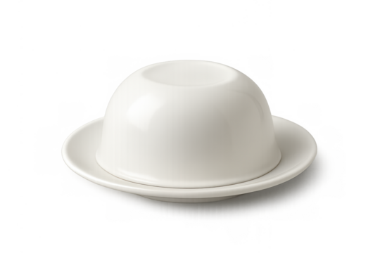 White ceramic bowl overturned on a saucer, clean empty modern kitchenware for dining, transparent background