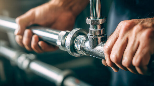 Skilled handyman using tools to repair and tighten shiny metallic plumbing pipes with threaded fittings under a sink or household fixture in an indoor setting