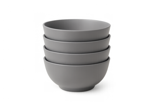 Stack of gray ceramic bowls, modern kitchenware, tableware, dishware, and cooking objects on transparent background
