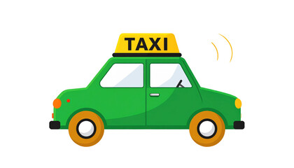 Naklejka premium A vibrant cartoon illustration depicts a green taxi cab with a yellow roof sign. The sign reads 