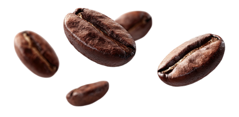 A collection of roasted coffee beans suspended in space