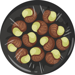Top View of Roasted Chestnuts in a Round Black Pan with a Translucent Cover Showing a Bountiful Harvest on a White Background