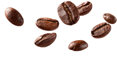 Roasted coffee beans scattered against a black background