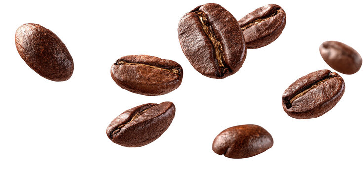 Roasted coffee beans scattered against a black background - Powered by Adobe