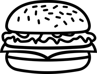 Burger Line Vector Icon Isolated on White Background – Fast Food Symbol, Cheeseburger Outline, American Restaurant Snack, Minimal Food Illustration