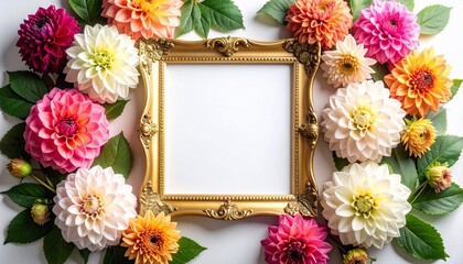 Obraz premium Floral Frame Displaying Various Colorful Dahlias with Blank Space for Text or Art Work