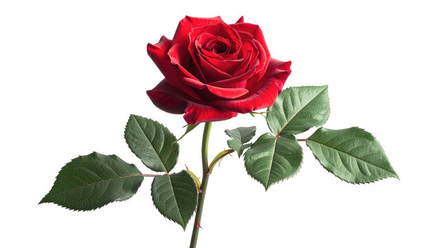 A vibrant, detailed photograph of a blossoming red flower with lush green leaves and a long stem, set against a dark backdrop - Powered by Adobe