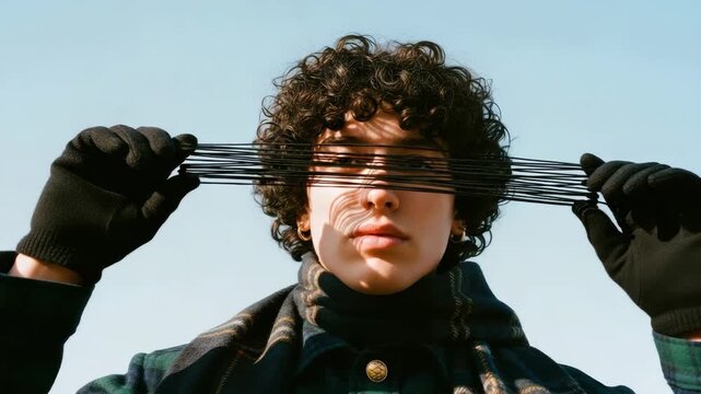Young androgynous person with curly hair covering their eyes with black strings. Conceptual portrait on themes of censorship, blindness and hidden identity. Artistic triptych banner