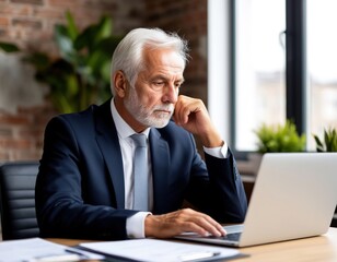 A gray-haired elderly man is focused on working on a laptop. The manager is making a financial report
