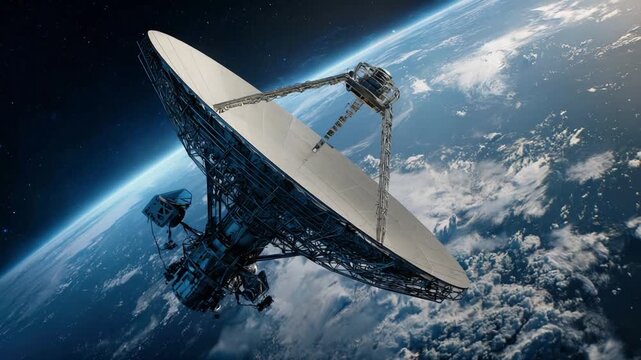Space Communication Array: An orbiting communication array elegantly captures the Earth in the cosmos, symbolizing technological advancements and global connectivity. 