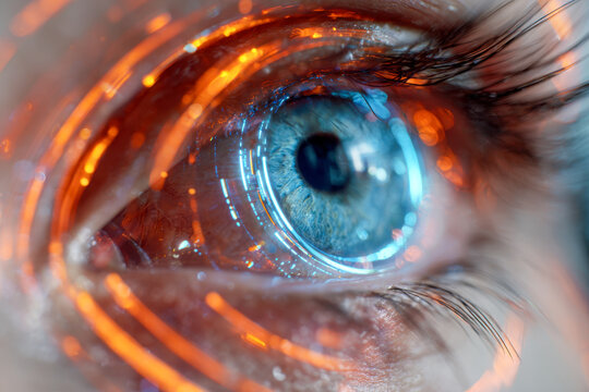 Detailed close-up of a human eye with blue iris reflecting intricate orange and blue light patterns creating a futuristic and technological visual effect