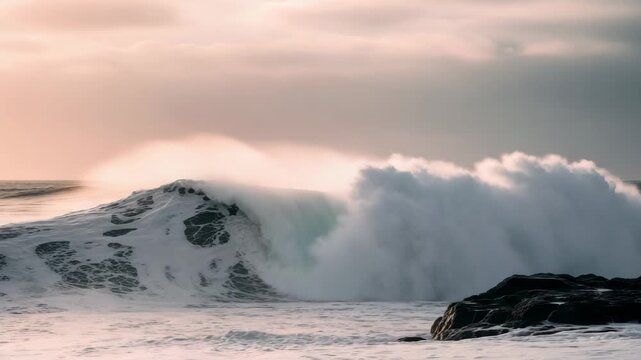 A triptych sequence of a powerful ocean wave crashing against coastal rocks during a storm. Dramatic seascape showing the immense force and raw energy of nature at sunset