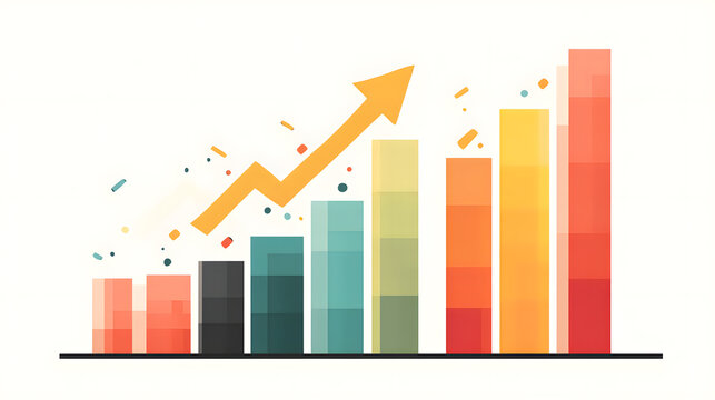 Minimal flat-style clipart of financial growth bar chart with upward arrow, clean lines, bold colors, modern business infographic style, isolated on white.