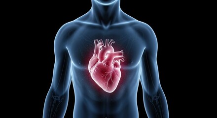 Anatomical illustration of a human heart glowing within a translucent blue torso against a black background.