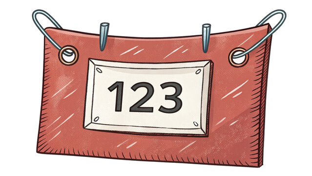 A rustic red sign with the number 123 displayed in a white box, hanging by clips, isolated on transparent background