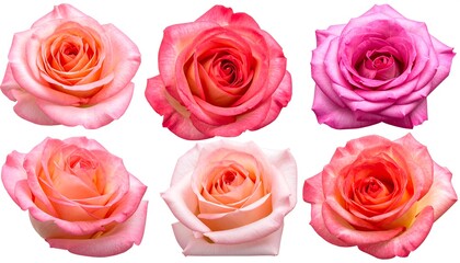 Six beautiful roses in various shades of pink and orange.