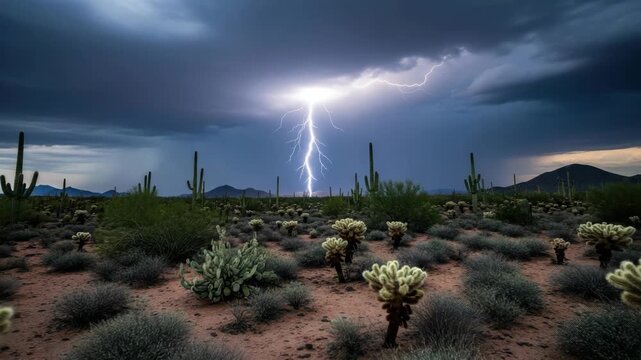 Dramatic lightning bolt illuminates the night sky over a desert landscape during a monsoon storm. Saguaro and cholla cacti stand against the powerful display of extreme weather