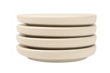 Stack of clean white plates on a transparent background, depicting kitchenware for dining and serving food