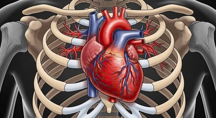 Anatomical illustration of the human heart within the rib cage.
