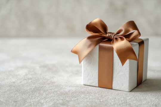 Elegant white gift box with a glossy bronze ribbon and bow placed on a textured neutral surface perfect for celebrations and special occasions idea