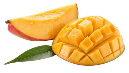 A sliced mango with a leaf and a mango slice, isolated on transparent background