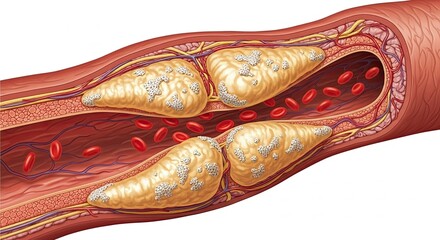 Artery blockage illustration showing cholesterol plaque buildup and blood flow.
