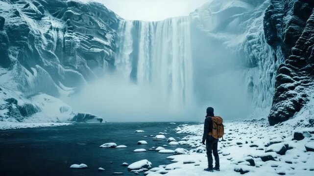 Adult hiker with a backpack standing in a snowy landscape admiring a majestic frozen waterfall. Winter travel and adventure concept for exploration and discovery themes