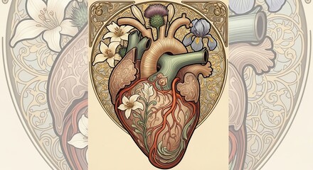 Artistic Heart Illustration with Floral Embellishments and Anatomical Detail.