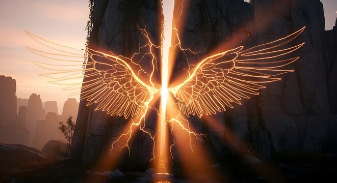 A surreal scene featuring glowing wings formed by lightning bolts emerging from a mountain landscape at sunset
