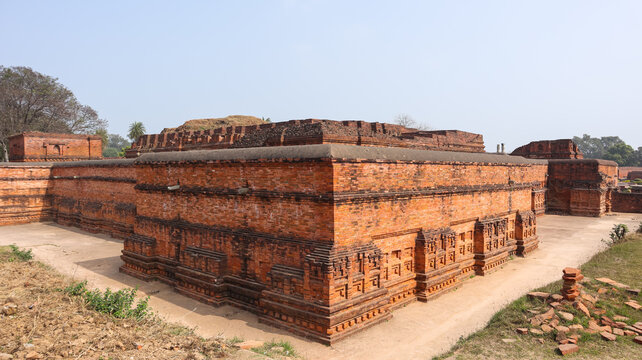 India, Bihar, Rajgir, View of Ancient Ruins of Worlds Oldest Nalanda University, The Red Brick Monuments With Ruin Buddha Vihara's Around Campus.