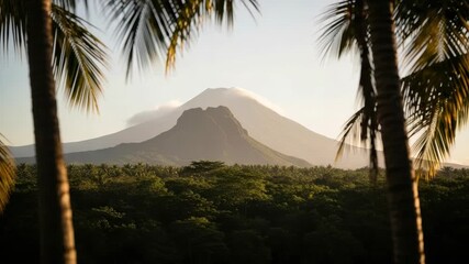 Panoramic view of a perfect cone volcano over a dense tropical rainforest. Beautiful morning light on palm tree silhouettes in an exotic travel and adventure destination - Powered by Adobe