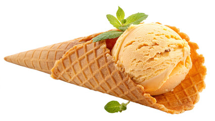 Orange ice cream scoop in a waffle cone with mint leaves, isolated on transparent background