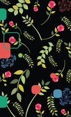 Seamless Floral Pattern With Flowers Leaves And Geometric Shapes Design Illustration Vector Graphics Textile Fabric Print Wallpaper Background Surface Decorative