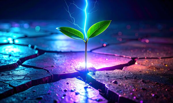 Vivid Green Seedling Sprouting from Cracked Earth under Striking Neon Blue Lightning and Vibrant Purple Glow, Symbolizing Clean Energy, Environmental Technology, and Futuristic Growth