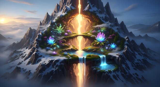 A fantastical mountain landscape featuring glowing waterfalls, vibrant lotus flowers, and lush greenery under a dramatic sky with snow-capped peaks in the background
