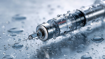 Detailed view of a medical syringe covered with water droplets placed on a reflective surface showcasing precise engineering and sterile design elements