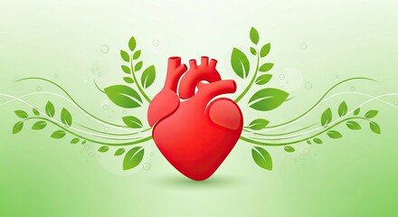 Heart health concept with anatomical heart and green leaves illustration.