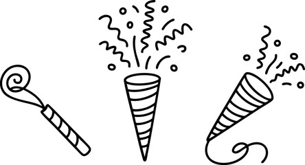 Party Popper and Celebration Icons Isolated on White Background – Festive Vector Line Art, Confetti, Event Decoration, and Party Symbol Illustration