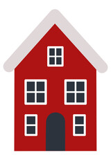 A charming red Scandinavian house with a gray roof and symmetrical windows, minimalist, balanced, and cozy. Ideal for snowy landscapes or storybook village scenes.