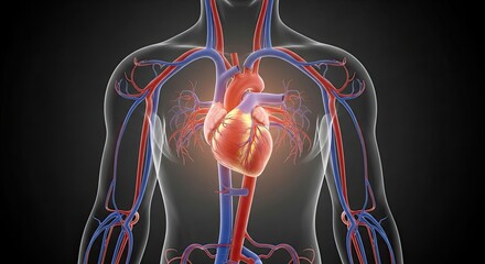 Human circulatory system anatomy with heart and blood vessels illustration.