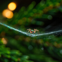 Close up of colorful Jumping Spider in web with green background