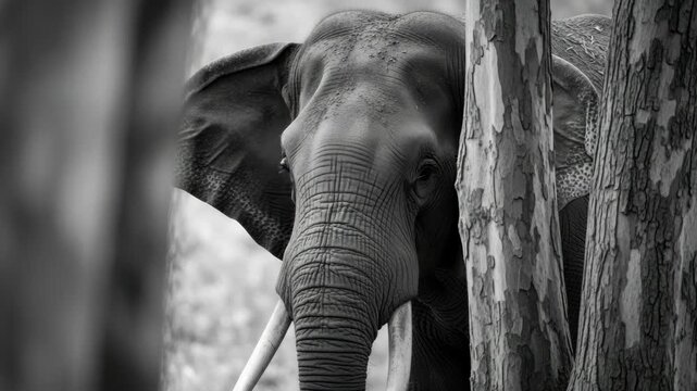 A majestic elephant peeking from behind tree trunks in a dramatic wildlife scene. This cinematic black and white banner captures the powerful presence of a wild animal in nature - Powered by Adobe
