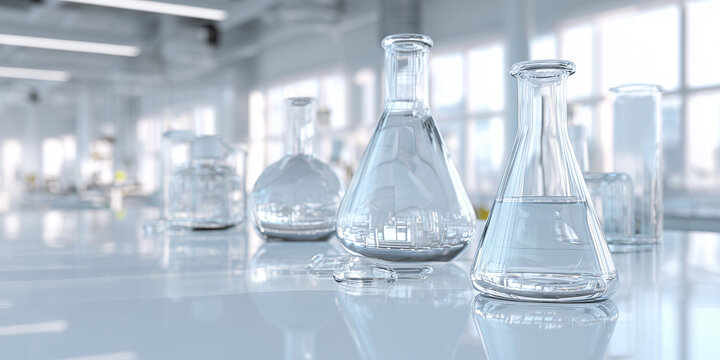 minimalistic bright laboratory interior with glass flasks and scientific instruments on white reflective surface