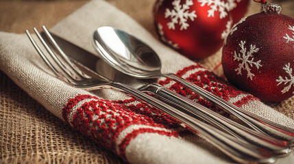 Festive table setting with silver cutlery wrapped in a rustic linen napkin adorned with red embroidery alongside decorative red holiday ornaments with white snowflak