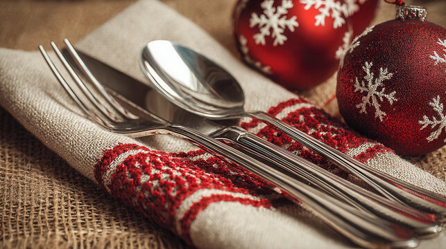 Festive table setting with silver cutlery wrapped in a rustic linen napkin adorned with red embroidery alongside decorative red holiday ornaments with white snowflak