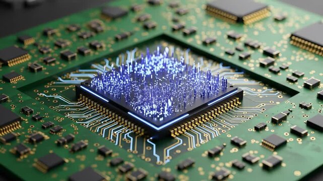 Advanced Microchip Architecture with Intricate Circuitry and Glowing Central Processor for Cutting-Edge Tech Solutions