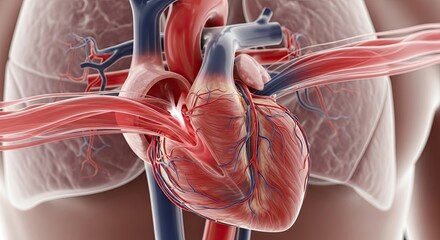 Detailed 3D Medical Illustration of the Human Heart and Lungs.